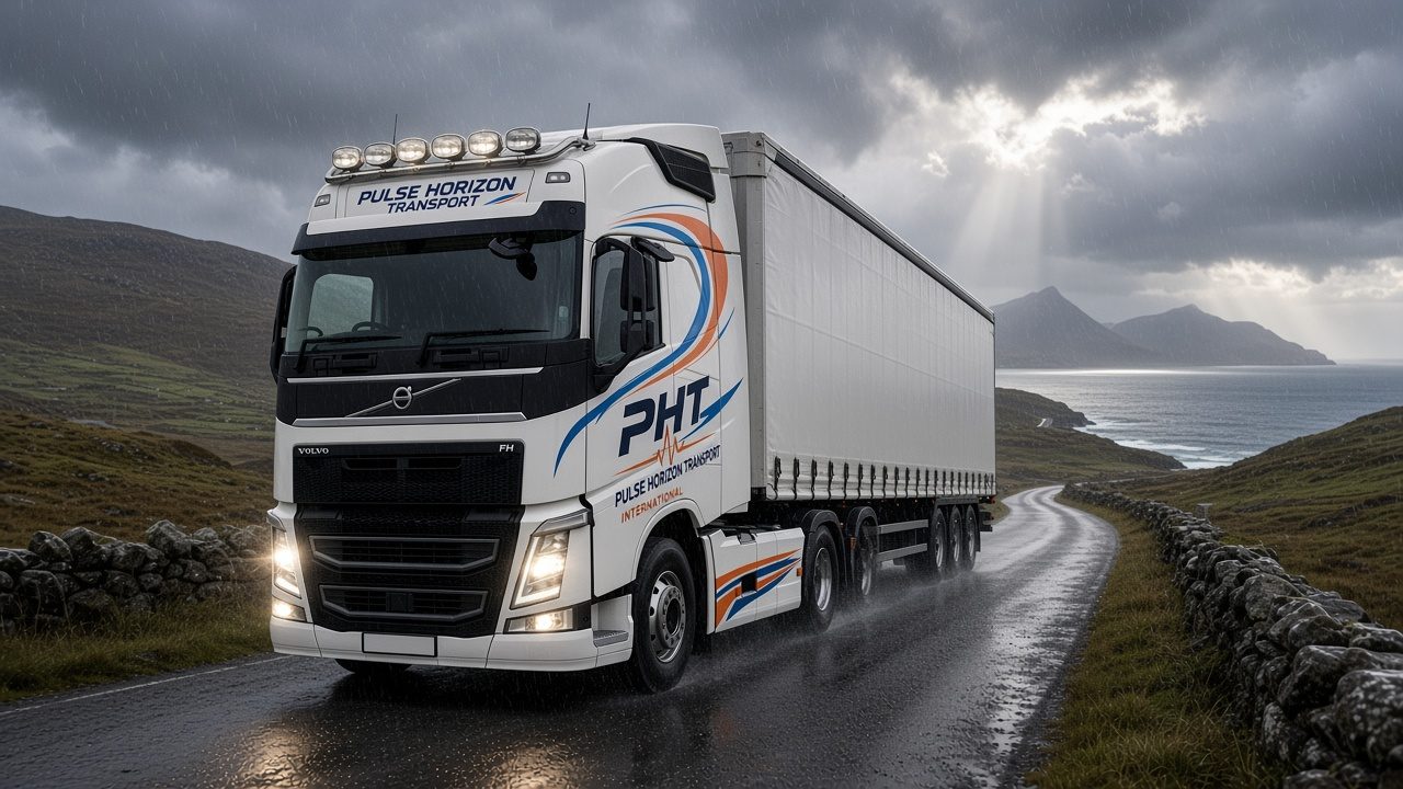 PHT Volvo FH and curtain-sider on a wet coast road in Connemara under a stormy sky