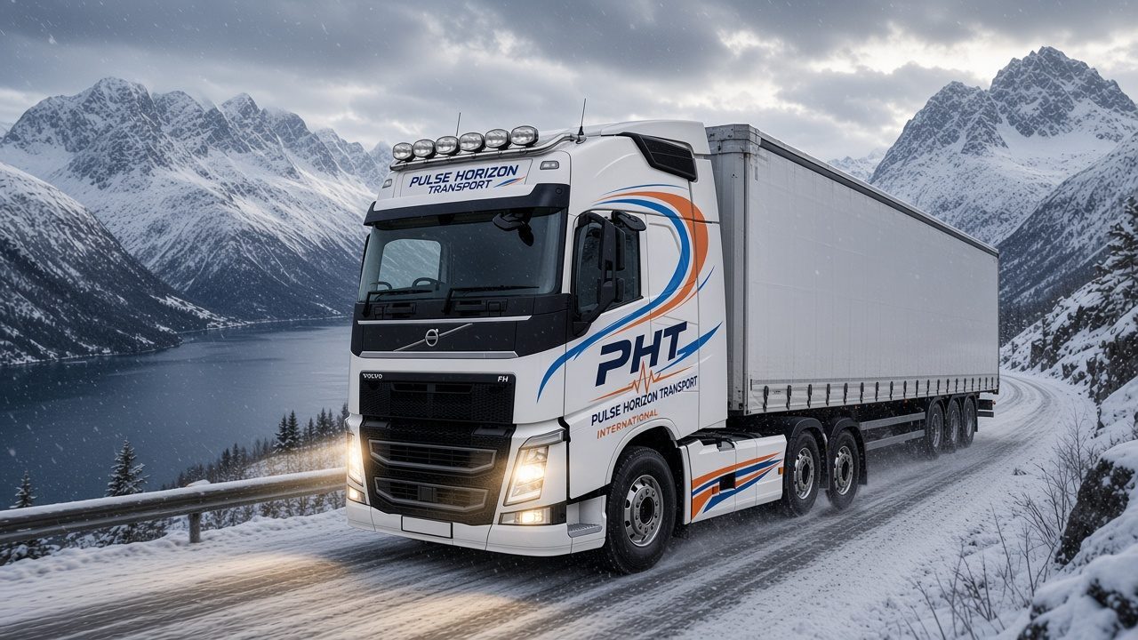 PHT Volvo FH with a white curtain-sider climbing a snowy mountain pass above a fjord
