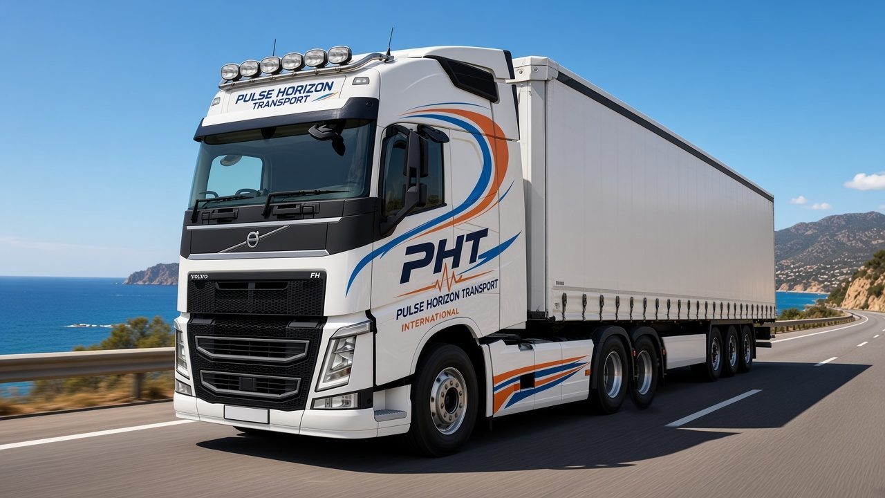 PHT Volvo FH and curtain-sider on a sunny coastal motorway beside the Mediterranean